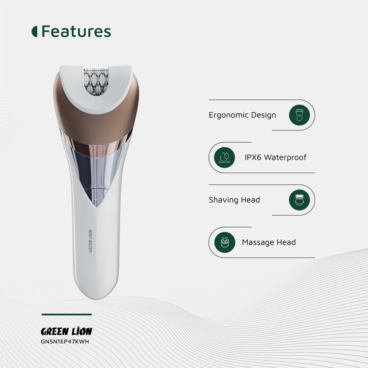 Green Lion 5-in-1 Cordless Epilator Kit with Ergonomic Design, Type-C Charging, #280 DC Brushed Motor, 6300RPM Motor, Stainless Steel Blade, 1400mAh Battery Capacity, Digital Display - White