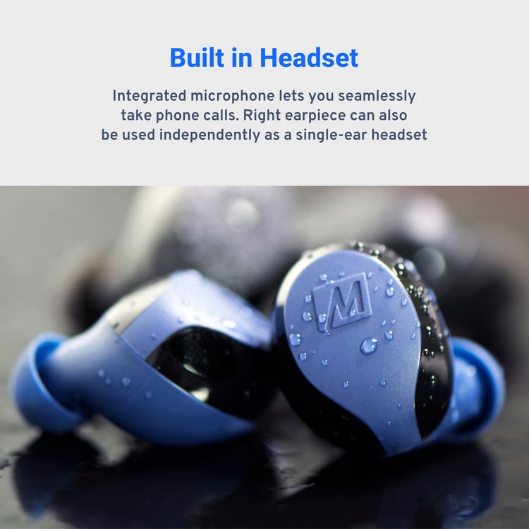 سماعات MEE Audio X10 اللاسلكية بالكامل مع تصميم مريح، وأحجام مختلفة من أطراف الأذن المصنوعة من السيليكون، ودعم للمساعد الصوتي، وميكروفون مدمج متعدد الاتجاهات، و23 ساعة من عمر البطارية مع علبة شحن، ووقت شحن ساعتين - باللون الأزرق.