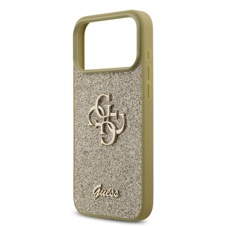 غطاء PU لامع من Guess بشعار معدني كبير 4G لهاتف iPhone 17 Pro Max، حماية من السقوط، تصميم نحيف وخفيف الوزن، سهل التركيب، تغليف مستدام، مقبض مريح - ذهبي