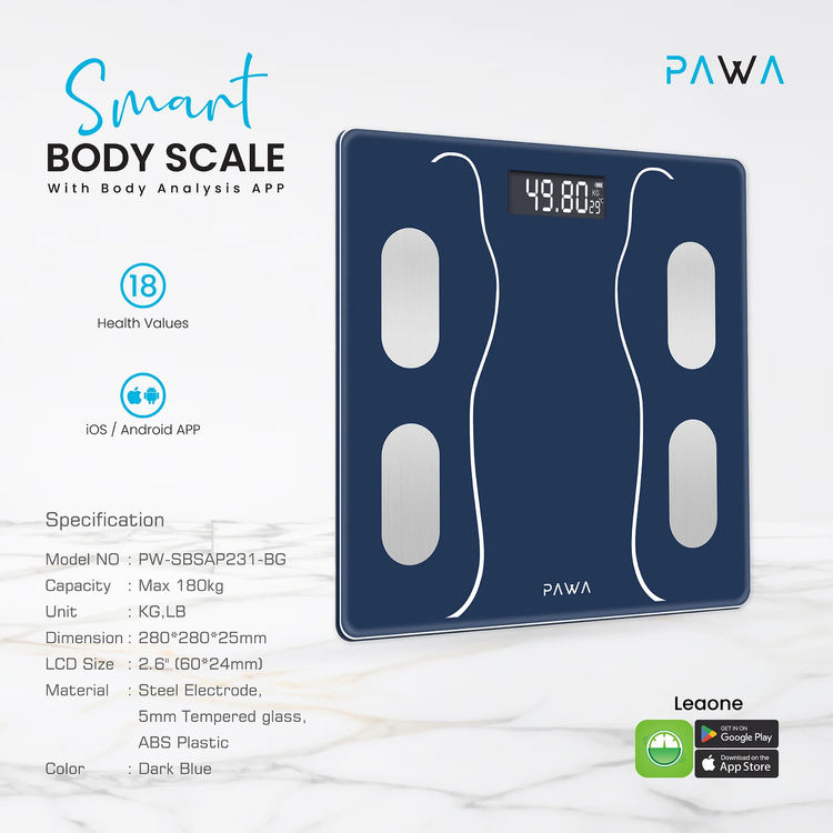 PAWA Smart Body Scale with Body Analysis iOS & Android App, 2.6" LCD Display, Kilogram & Pound Measurement Units, 2 x AAA Batteries, 180kg Maximum Weight Capacity - Dark Blue