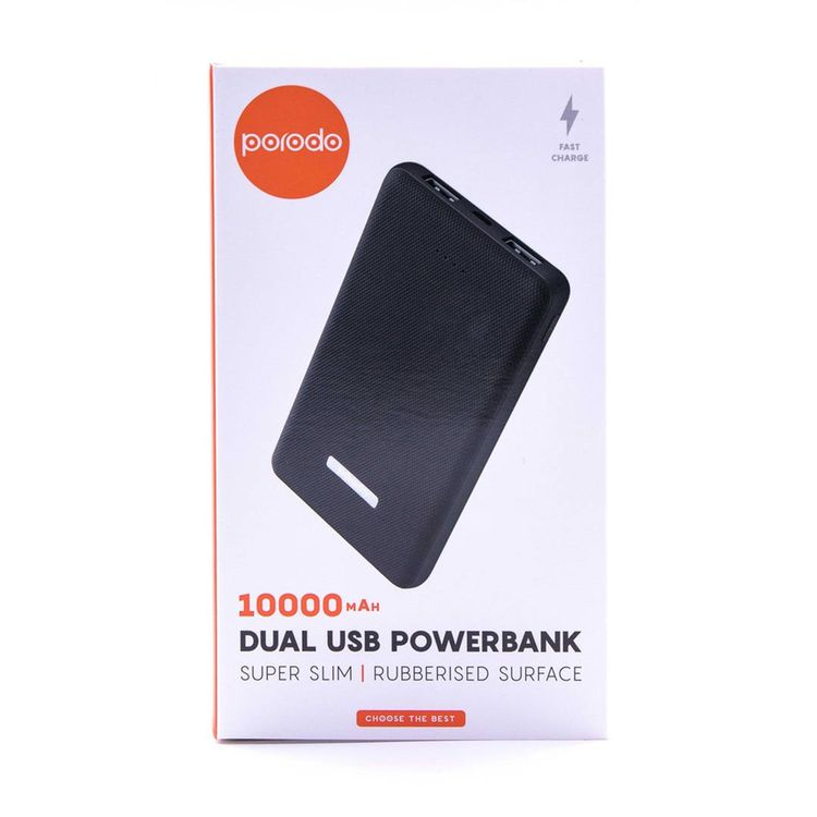 Porodo Dual USB Universal Power Bank 10000mAh with Rubberised Surface, Compact Slim Design, Portable, LED Indicator, Compatible with Smartphones - Black