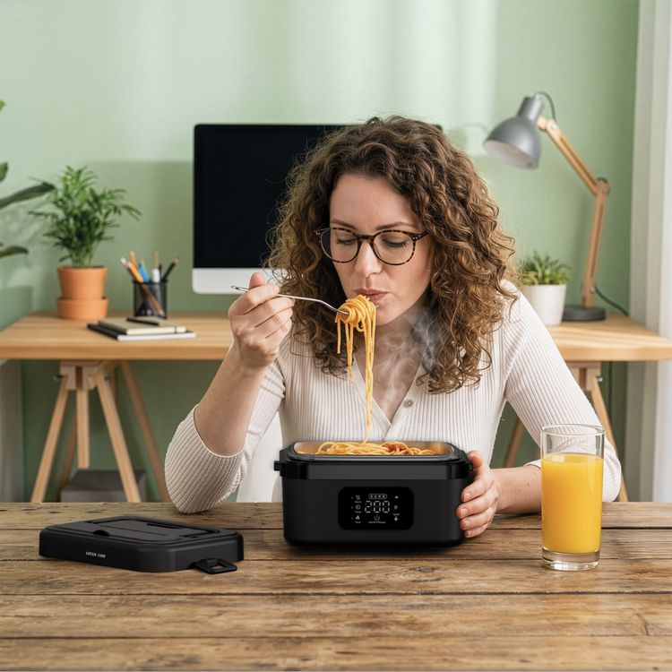 Green Lion Portable Lunch Box with Built-in Battery, Electric Heating, 1L Capacity, 8000mAh Battery Capacity, 5 Perfect Heating Modes, 60W Power Rapid Heating, Leak-Proof Design, Phone Holder and Power Bank Function, USB-C Charging, Dishwasher Safe, Digital Touch Display, Steam Release Valve - Black