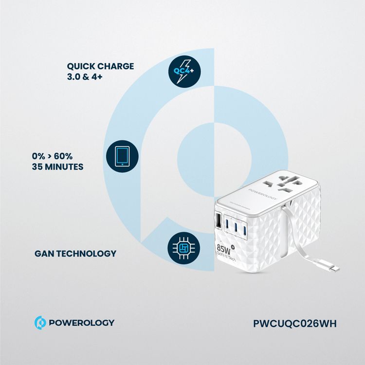 Powerology Universal 85W Super Charger with Retractable Type-C Cable, 70W Power Delivery, GaN Technology, Simultaneous Charging, Spare Fuse Included - White