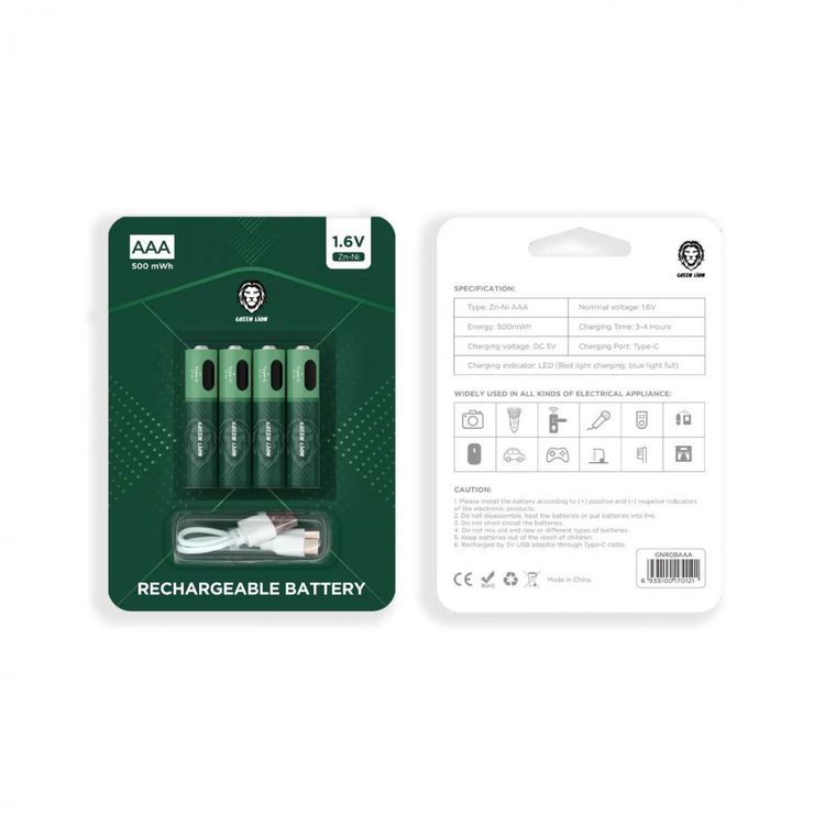 Green Lion Rechargeable Battery AAA with LED Charging Indicator, 500 mWh Energy, Type-C Charging Port, , DC5V Charging Voltage  - Green