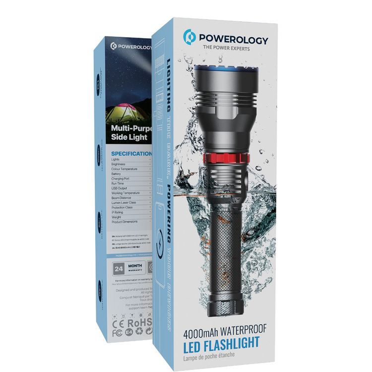 كشاف LED قابل لإعادة الشحن من باورولوجي مع وظيفة باور بانك، مقاوم للماء بمعيار IPX7، عمر بطارية يصل إلى 60 ساعة، درجة حرارة اللون 7000 كلفن، مسافة شعاع تصل إلى 920 مترًا - أسود