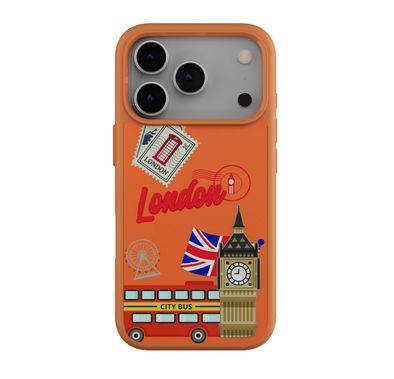 Levelo Vallo PU Leather Case for iPhone 17 Pro with Embroidery London Finish, Comfortable Hold, Durable PU Leather, Raised Bezels for Camera and Screen, True Microfiber Interior Lining, Scratch & Wear Resistant, Shock-Resistant Bumper - Sunrise Orange