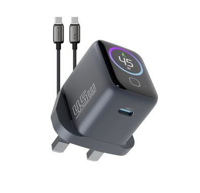 Powerology Voltflow 45W AVS GaN Wall Charger with 1m USB-C to USB-C Cable, 480Mbps Data Transfer Speed,  25°C to 50°C Operating Temperature, 110-240V Rated Voltage, Smart TFT Display, Rapid Power Delivery, PC Material - Gray