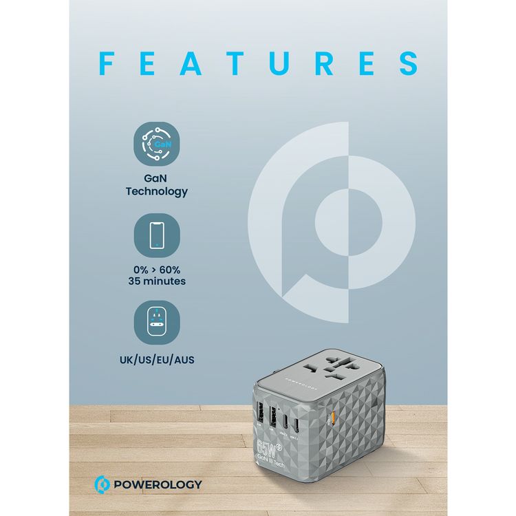Powerology 65W PD Universal Multi-Port Travel Adapter with Triple USB-C Outputs, Universal Plugs, Combined Output Mode, Lightweight & Portable, Travel Friendly - Gray