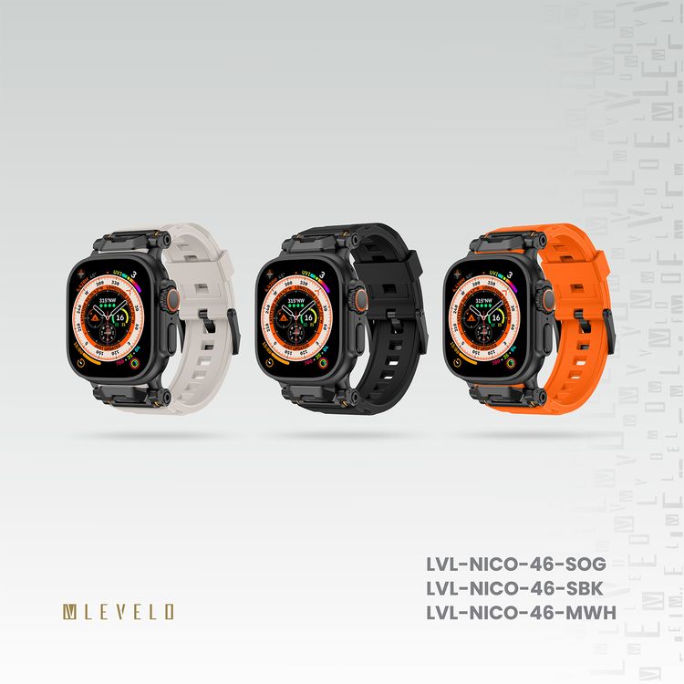 Levelo Nico Watch Strap for Apple Watch 49/46mm with Metal Buckle Closure, Compatible with SE Series 9, 8, 7, 6, 5, Silicone & Stainless Steel Finish, Lightweight & Flexible Fit, Sweat-Resistant & Water-Resistant, Hypoallergenic Material, Extended Band Interaction - Sunset Orange