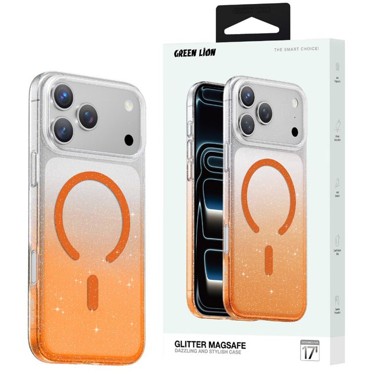 Green Lion Glitter MagSafe Case for iPhone 17 Pro Max, Anti-Fingerprint & Anti-Scratch, Comfortable Grip, Camera Protection, Anti-Yellowing, Ultra-Slim & Lightweight Design - Orange