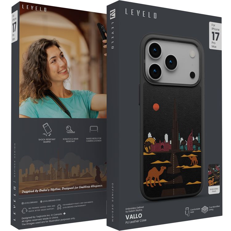 Levelo Vallo PU Leather Case for iPhone 17 Pro Max with Embroidery Dubai Finish, Comfortable Hold, Durable PU Leather, Raised Bezels for Camera and Screen, True Microfiber Interior Lining, Scratch & Wear Resistant, Shock-Resistant Bumper - Midnight Black