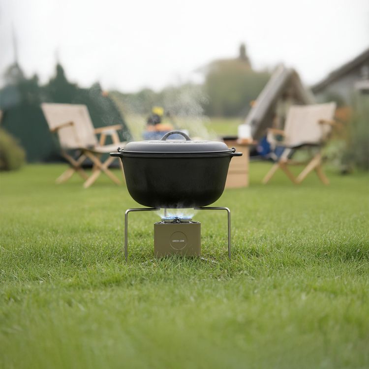 موقد التخييم القابل للطي بثلاث شعلات من غرين ليون، مصنوع من الألومنيوم + الفولاذ المقاوم للصدأ، استهلاك الغاز 90 جم/ساعة، 3 شعلات، قابل للطي والتعديل، التحكم في اللهب - كاكي