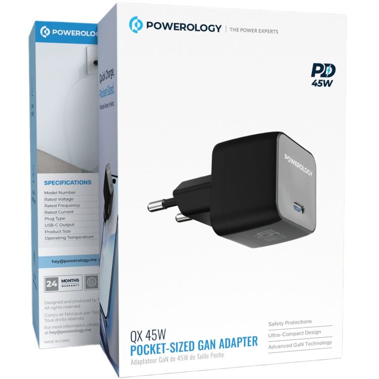 Powerology QX 45W Pocket-Sized GaN Adapter with Safety Protections, USB-C Port, Ultra-Compact Design, EU 2-Pin Plug, PD 45W - Black / Gray