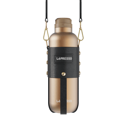 LePresso ThermaTrail Thermos Bottle with Crossbody Strap, 650 mL Capacity, -20°C to 100°C Water Temperature Range, Leather Strap Material, Tea Brewing, 316 + 304 Stainless Steel+PP+Silicone Material - Gold