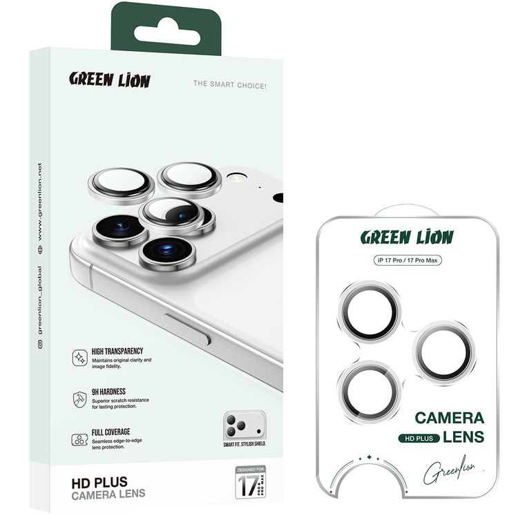 Green Lion HD Plus Camera Lens for iPhone 17 Pro / 17 Pro Max, HD Clarity, Anti-Scratch, Nano Absorpting, 9H Durable Glass, Water Resistant, Anti-Fingerprint, Anti-Glare Coating, Shatter Protection, Easy Installation - Silver Titanium
