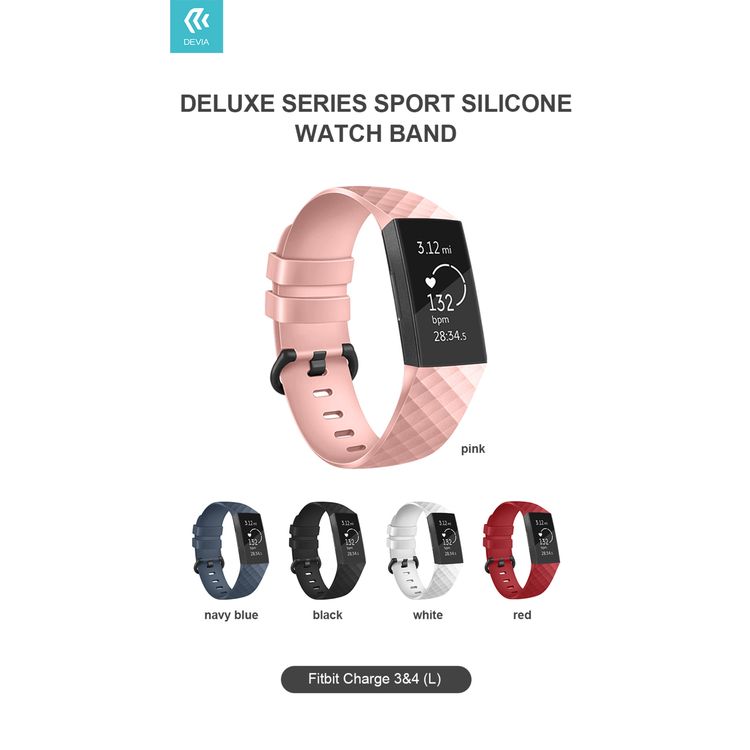 Devia Deluxe Series Sport Silicone Watch Band for Fitbit Charge 3&4, Premium Silicone Material, Comfortable Feel, Flexible, Water Resistant but Advisable to Dry Before Wear - Pink