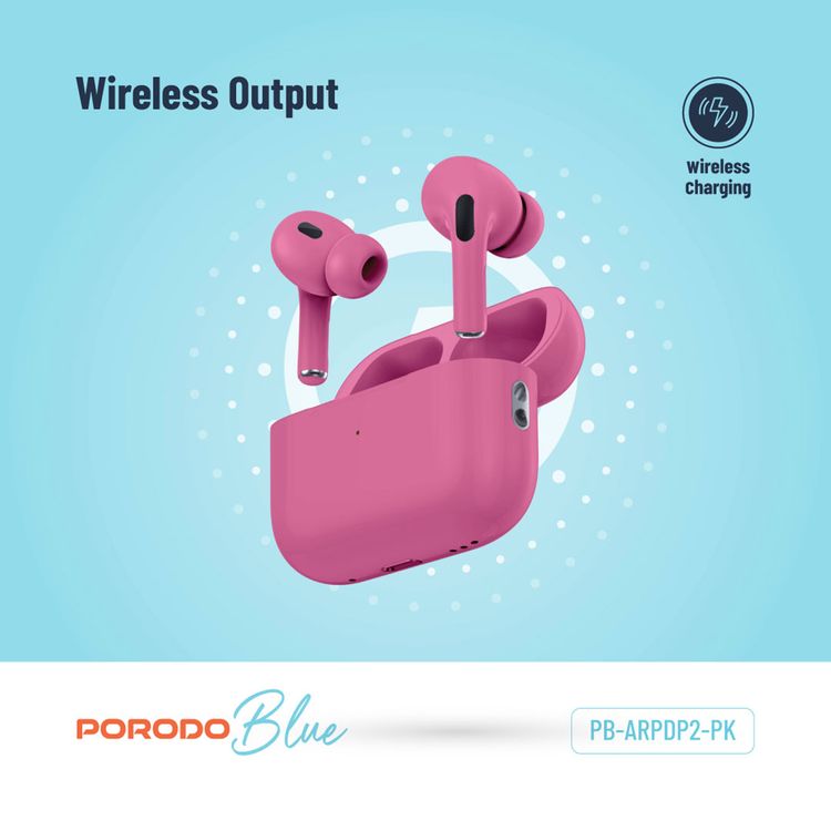 Porodo Blue Earbuds Pro 2 With Swipe Volume, 20 Hours Working Time, Wireless Charging, Deep Bass, Independent Earbuds, Touch Control - Pink