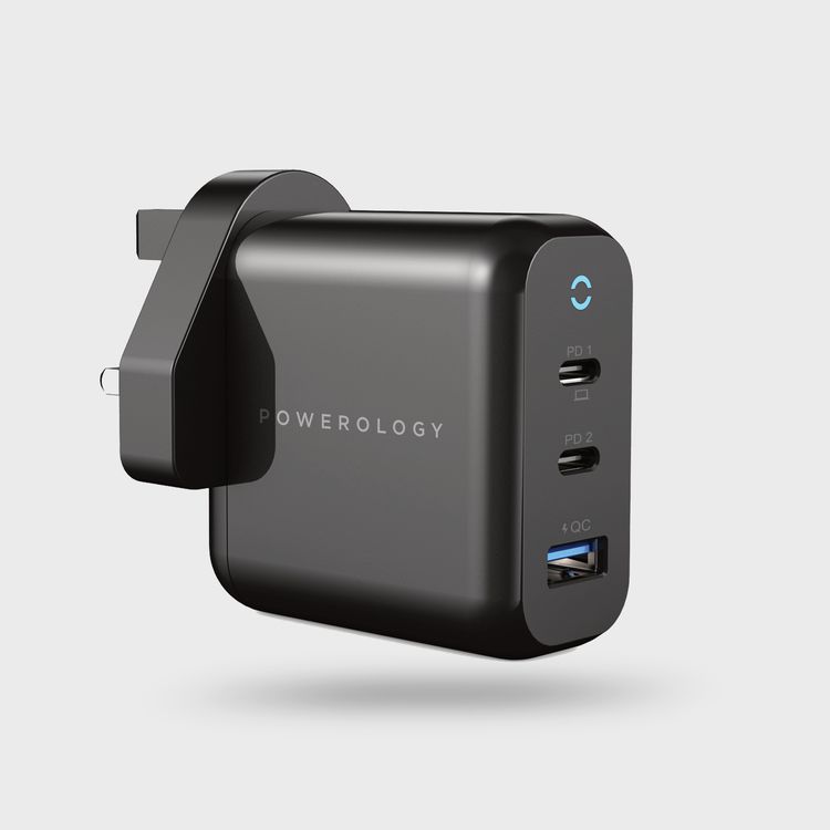 Powerology Wall Charger UK 65W 3-Output with PD UK GaN - (Black)