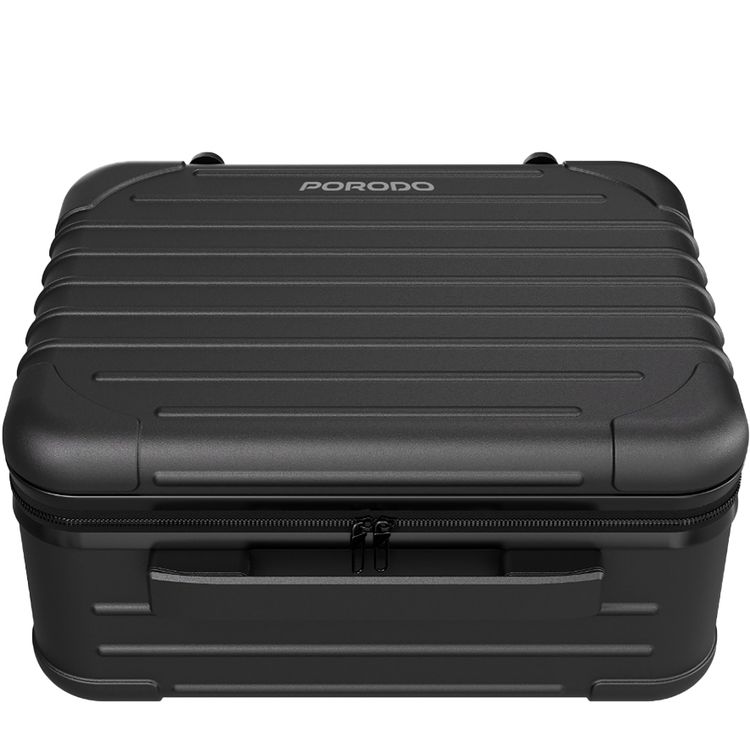 Porodo Lifestyle Travel Makeup Bag with Detachable 12-inch LED Mirror, 3 Light Modes, Multiple Compartments, 51 LED Beads, 3000mAh Battery Capacity, 6000~6500K Color Temperature, USB-C Charging Interface, ABS Material - Black