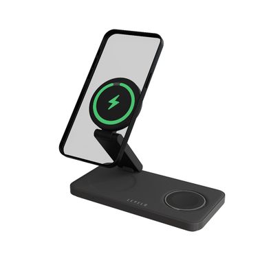 Levelo Quantum 3-in-1 Wireless Charger with 15W Phone Output, 5W AirPods Output, 3W iWatch Output, Strong N52 Magnet, LED Indicator, Compatible with MagSafe, Over Temperature Protection, Simultaneous Charging, Over Voltage Protection, Fast Charging, Foldable Design - Black