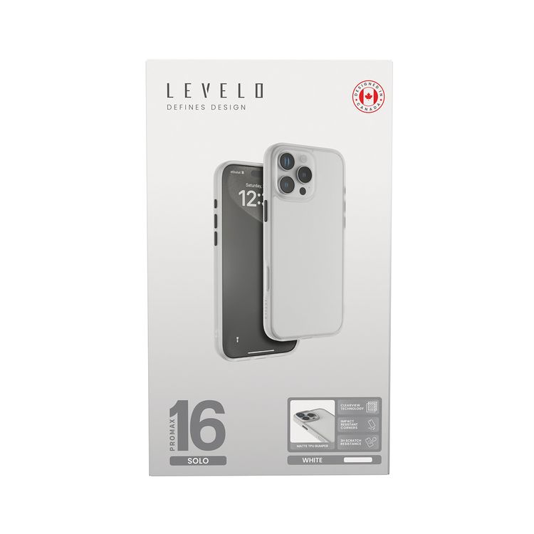 Levelo Solo Case for iPhone 16 Pro Max with Clearview Technology, Matte TPU Bumper, Comfortable Grip, Impact-Resistant Corners, 3H Scratch Resistance - White
