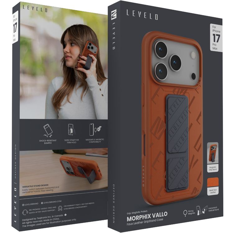 Levelo Morphix Vallo Faux Leather GripStand Case for iPhone 17 Pro Max, MagSafe & Magnetic Compatibility, Horizontal & Vertical Stand Positions, True Microfiber Interior Lining, Shock-Resistant Bumper, Strong Magnets - Sunrise Storm