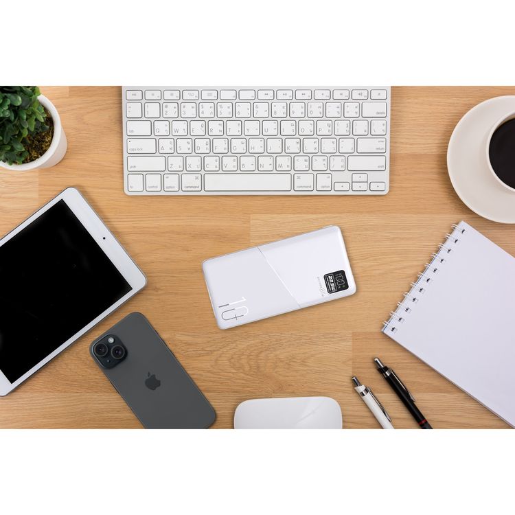 Porodo Blue Quick Charge Power Bank with USB-A & USB-C Outputs, 10000mAh Battery Capacity, Digital Display, 20W Power Delivery - White