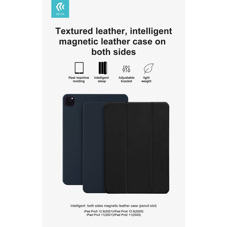 Devia Intelligent Both Sides Magnetic Leather Case with Pencil Slot Compatible for iPad Pro 12.9" (2021) Lightweight & Thin Design Cover with Intelligent Sleep & Adjustable Bracket