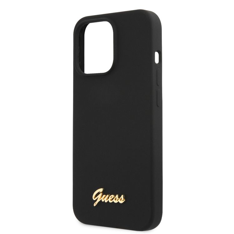 CG MOBILE Guess Liquid Silicone Case with Gold Metal Logo Script Compatible for iPhone 13 Pro (6.1") Anti-Scratch, Easy Access to All Ports, Shock Absorption