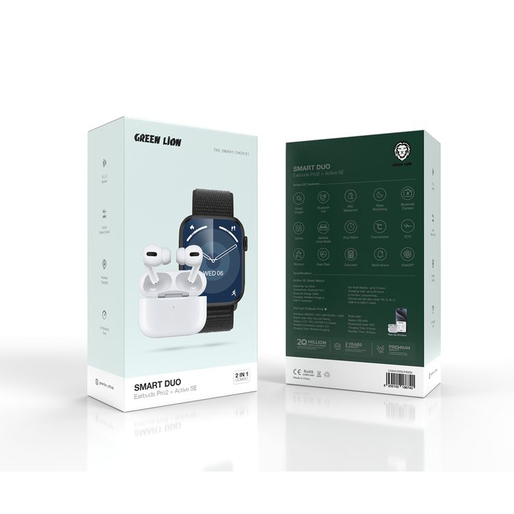 Green Lion SyncFit Duo Smart Watch with Earbuds Pro 2 + Active SE, 2.01" IPS, 240 x 296 Display, Up to 10 Days Watch Standby Time, 64MB ROM, IP67, Up to 5 Hours Earbuds Battery, Up to 20 Hours Charging Case Battery, Bluetooth Version 5.3 with 25m Transmission Range, Type-C Charging - Black / White