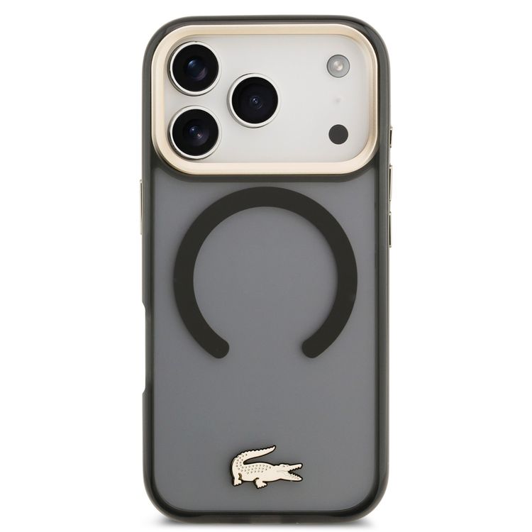 غطاء قطني شفاف من لاكوست من مادة TPU وPC مع لمسة نهائية غير لامعة لجهاز آيفون 17 برو، حماية من السقوط، تصميم نحيف، عبوة مستدامة، تصميم سهل التثبيت - أسود ضبابي / ذهبي