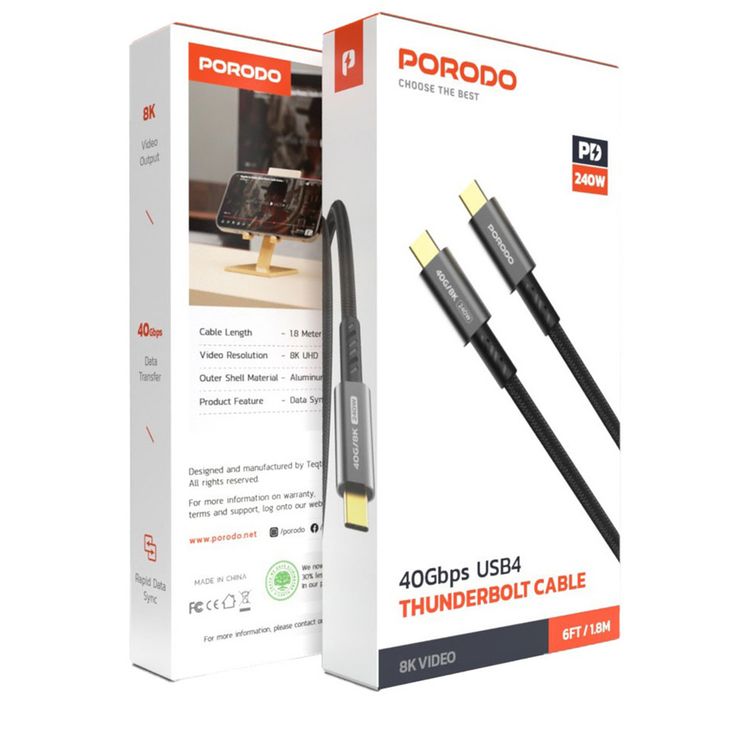 Porodo Thunderbolt Type-C to Type-C Cable with 240W Power Delivery, Rapid Data Sync, 40Gbps Data Transfer Speed, 1.8m in Length - Black
