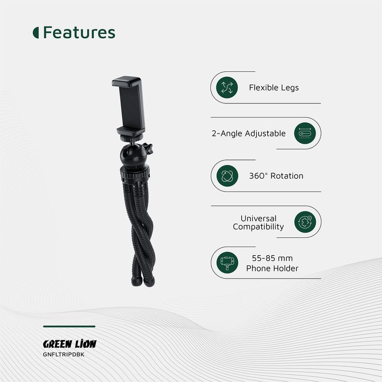 Green Lion Flexible Tripod with Foam Grips, ABS + TPR & Aluminum Material, 3kg Load Capacity, 360° Rotation, Flexible Legs, 2-Angle Adjustable, Pan & Tilt Functions - Black