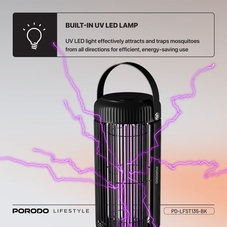 Porodo Lifestyle Portable Mosquito Zapper with Built-in UV LED Lamp, Up to 4 Hours Working Time, 2000mAh Battery Capacity, Efficient & Non-Toxic, 4.5W Rated Power - Black