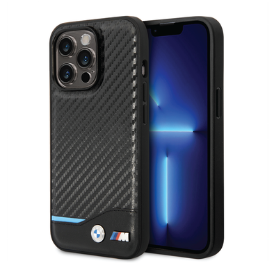 BMW M Collection Magsafe Compatibility PU Carbon Case with Bottom Horizontal Blue Line iPhone 14 Pro Max Compatibility - Black