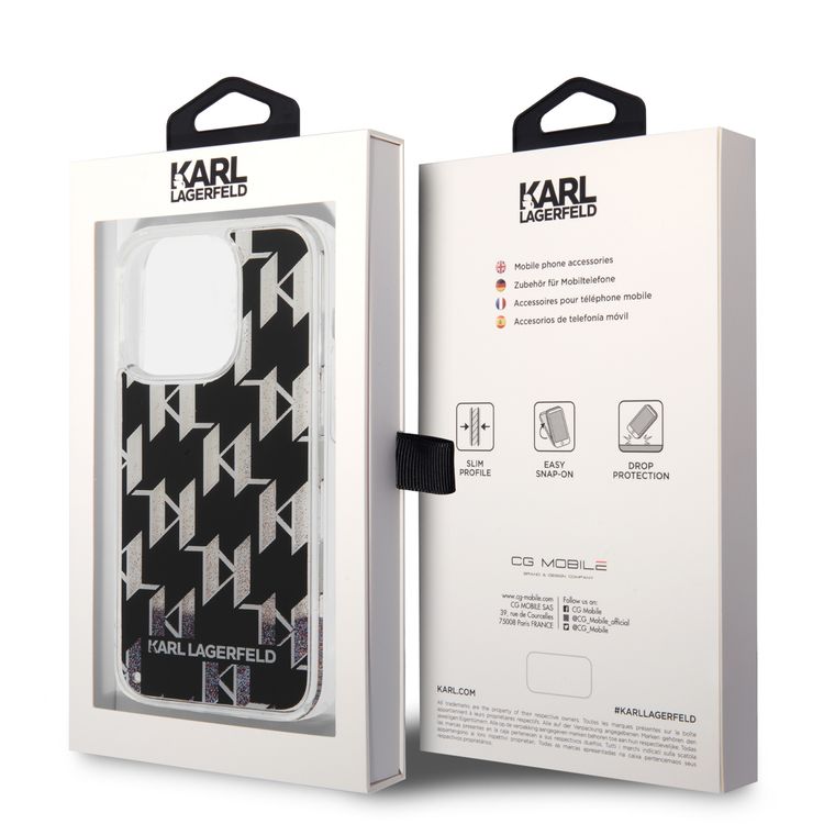 Karl lagerfeld Liquid Glitter Case Monogram Pattern & Multicolor Glitter iPhone 14 Pro Compatibility - Black