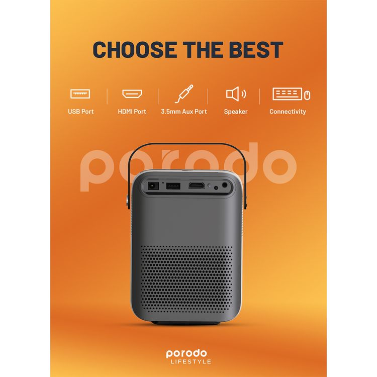Porodo Full HD Portable Projector with 1920x1080 pixels Resolution, 3000 Lumens, 16:9, 4:3 Aspect Ratio, 45W Power, AC 100V-240V 50/60Hz, 3.5mm AUX, USB, HDMI Ports - Black