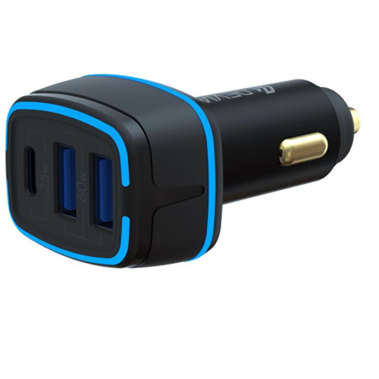 Devia Extreme Speed Dual USB+TYPE-C Full Compatible Fast Car Charger 85W, Soft LED Indicator, 3 Ports All Quick Charge, USB1 & USB2 & Type-C, 12V-24V Wide Voltage Input - Black