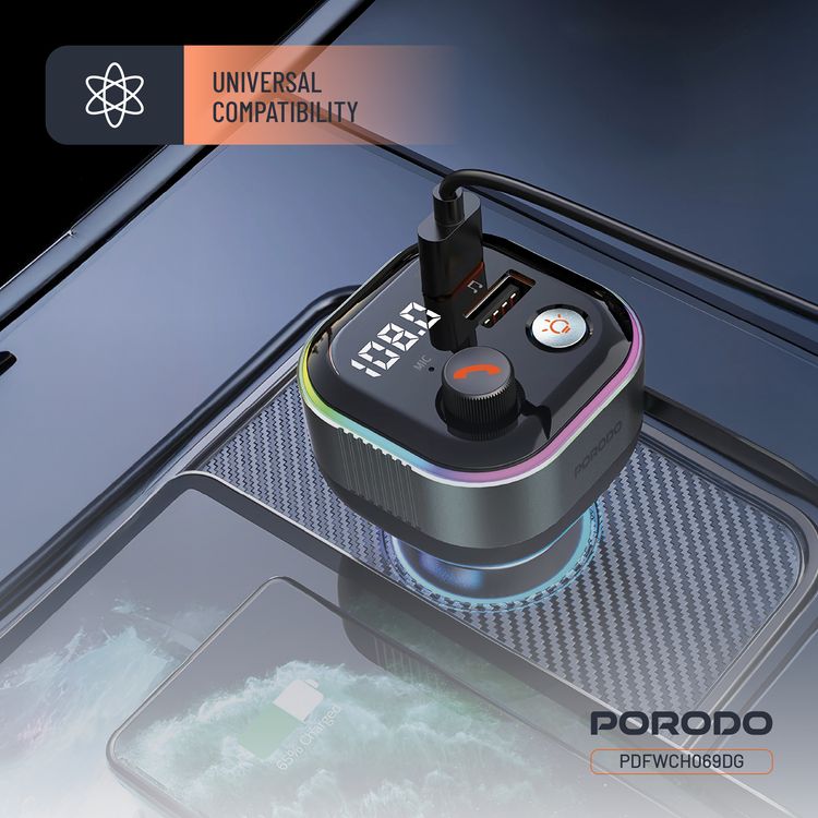 Porodo Audio Boost Bluetooth FM Transmitter Quick-Charge Car Charger with 65W PD, USB-A & USB-C Outputs, USB Flash, 80cm Retractable Type-C Cable, 87.5-107.8 FM Frequency, LED Ambient Lighting, Universal Compatibility - Dark Gray