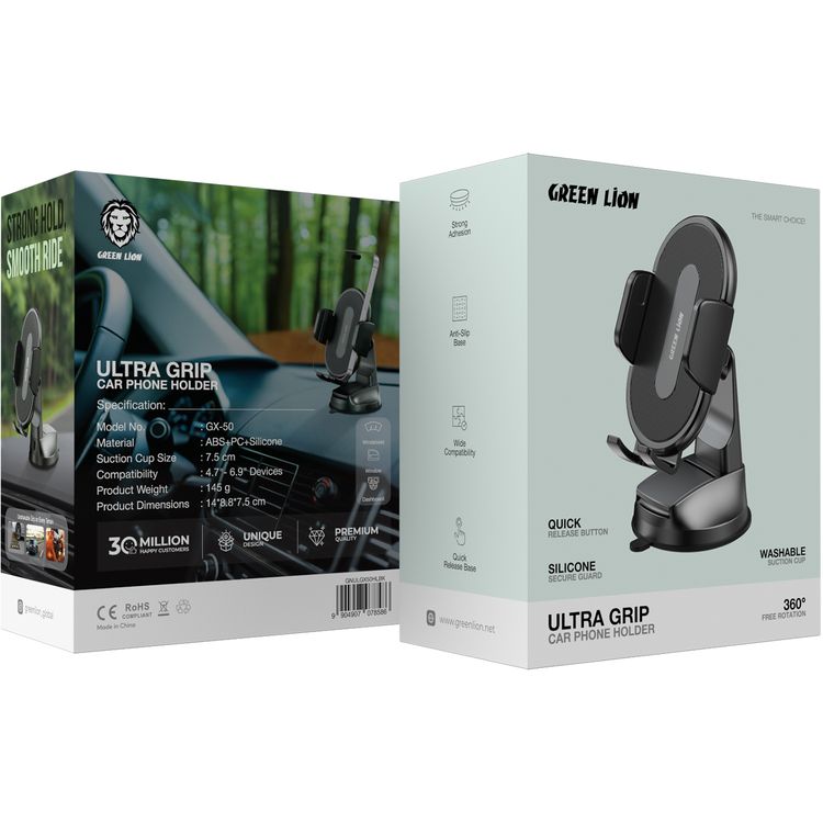 Green Lion Ultra Grip Car Phone Holder, Compatible with 4.7"-6.9" Devices,  Anti-Slip Base, ABS, PC & Silicone Material, Strong Adhesion, Quick Release Base, 7.5cm Suction Cup - Black