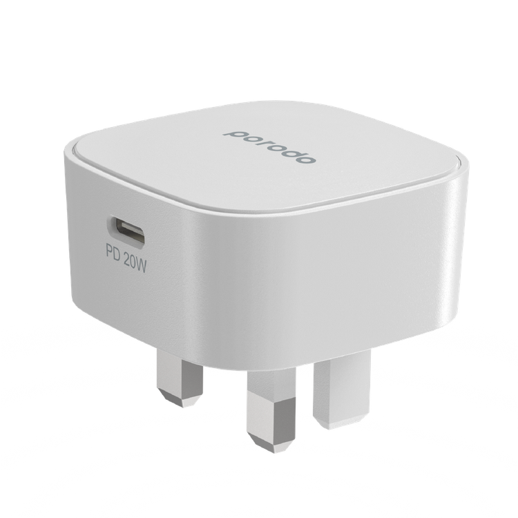 Porodo USB-C Adapter, Super-Compact Fast Wall Charger Power Delivery 20W UK with Built-in Protective Mechanism, Compatible for iPhone 12 Pro Max, 12 Pro/12, 12 Mini, 11 Pro Max