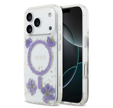 Guess MagSafe Resin Case with Flowers & Glitter Pattern for iPhone 17 Pro, Slim Profile, Drop Protection, Easy Snap-On, Sustainable Packaging, Comfortable Grip, Lightweight Design - Purple