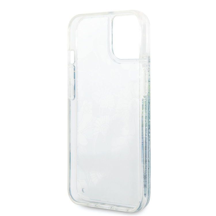 Guess Liquid Glitter Case with Flower Pattern Extra Shine Smooth Touch Feel iPhone 14 Compatibility - Green