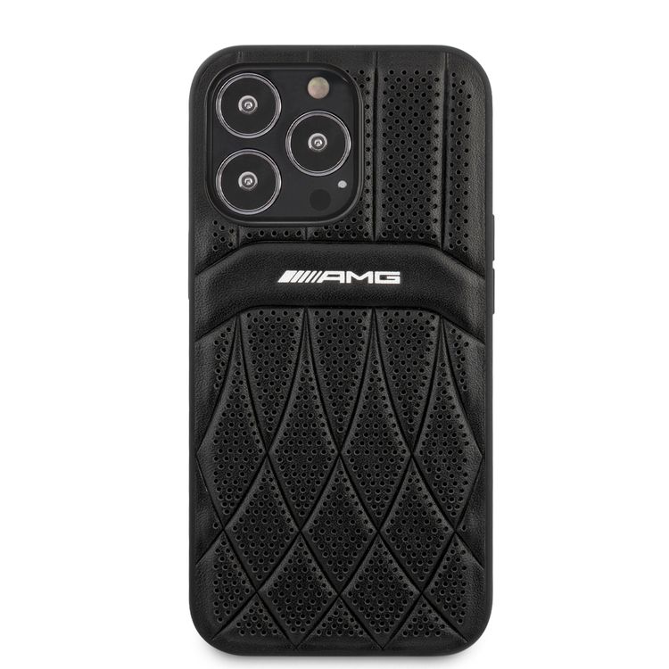 CG MOBILE AMG Genuine Leather Case With Perforated Black Leather Curved Lines Hot Stamped With Logo Compatible with iPhone 13 Pro Max (6.7") Easy Access to All Ports