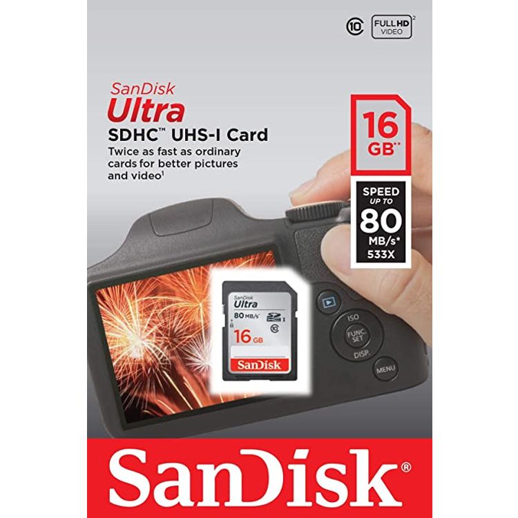 SanDisk Ultra SDHC Memory Card Up to 80 MB/s, Class 10, 16 GB, Black/Grey