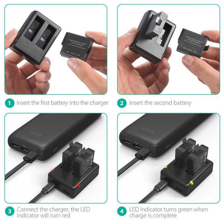 RAVPower GoPro Hero5 1260mAh BatteryX2pcs + Charger Set (RP-PB074-BK) - Black