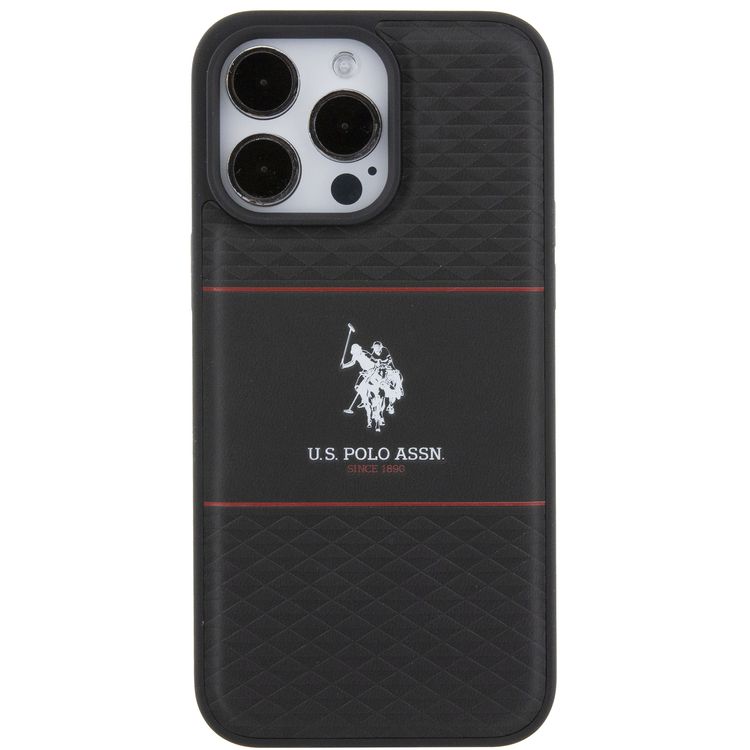 U.S.Polo Assn. PU HS Pattern DH Stripe Hard Case for iPhone 15 Series - Black - iPhone 15 Pro Max