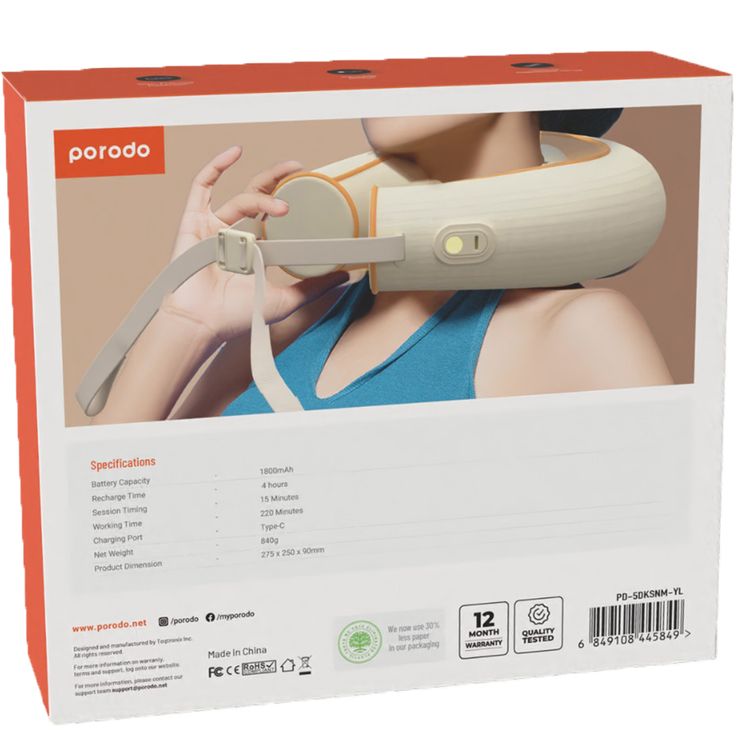 Porodo Shiatsu Neck Massager with 220 Minutes Working Time, 1800mAh Battery Capacity, Secure Adjustable Strap, 15-Minute Session Time, Multiple Massage Modes, Skin-Friendly Materials - Yellow