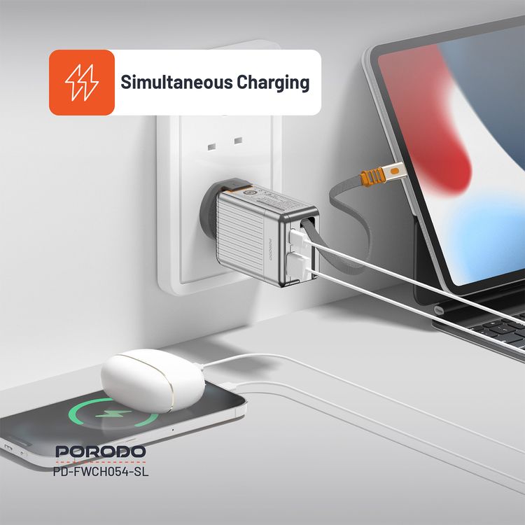 Porodo Super Quick GaN Charger with 75cm Retractable Type-C Cable, 42W Power Delivery, Simultaneous Charging, 22.5W USB-A Output, Built-in Safeguards - Silver