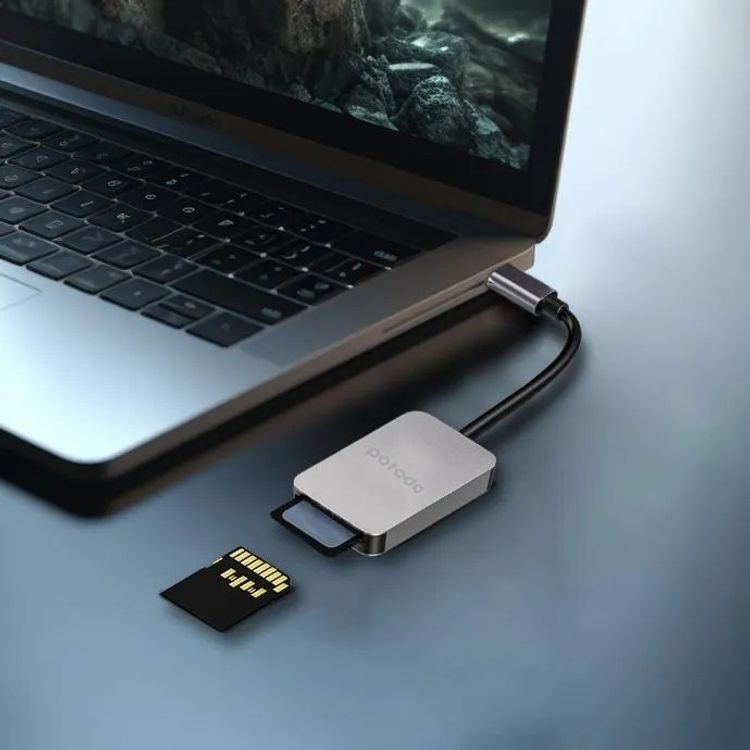 Porodo 2-in-1 USB-C Card Reader with Type-C Input, SD V4.0 & Micro SD V3.0 Super Speed Slots, 5 Gbps Data Transfer Speed, Super Lightweight and Portable - Gray 
